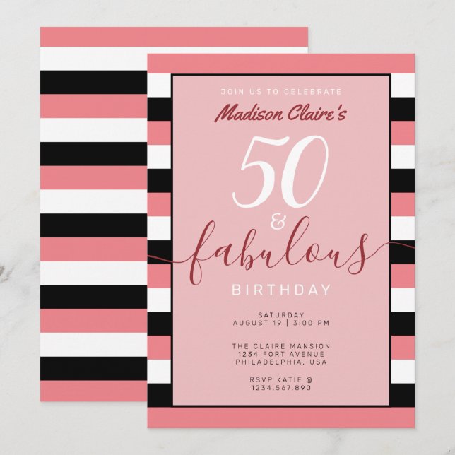 Rosa Black White Rand 50 & Fabulous Birthday Inbjudningar (Fram/baksida)