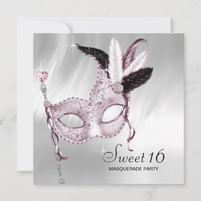 Rosa Black White Sweet 16 Masquerad Party Inbjudningar (Framsida)