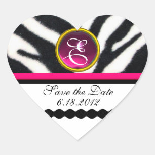 ROSA BLACK WHITE ZEBRA PÄLS MONOGRAM, spara datum Hjärtformat Klistermärke