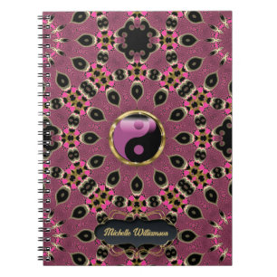 Rosa Black Yin Yang Peacock Mandala Anpassningsbar Anteckningsbok