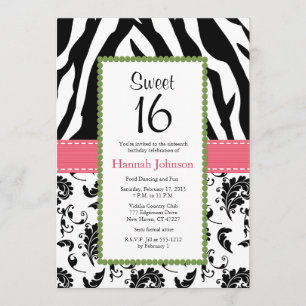 Rosa Black Zebra tryck Sweet sixteen Inbjudan