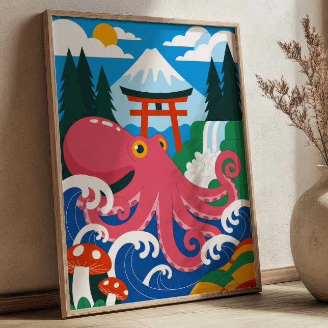 Rosa bläckfisk med Mount Fuji & Torii-grind japans Poster (Skapare uppladdad)