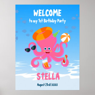 Rosa bläckfisk sommar bebis flicka Födelsedagsfest Poster