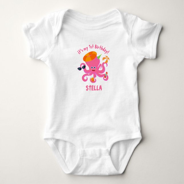 Rosa bläckfisk sommartid flicka Födelsedagsfest T Shirt (Framsida)