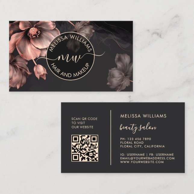 Rosa Blanka Blommor Svart Logotyp Visitkort (Fram/baksida)