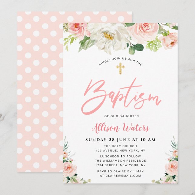  rosa blåser blommigt Baptism-inbjudan Inbjudningar (Fram/baksida)