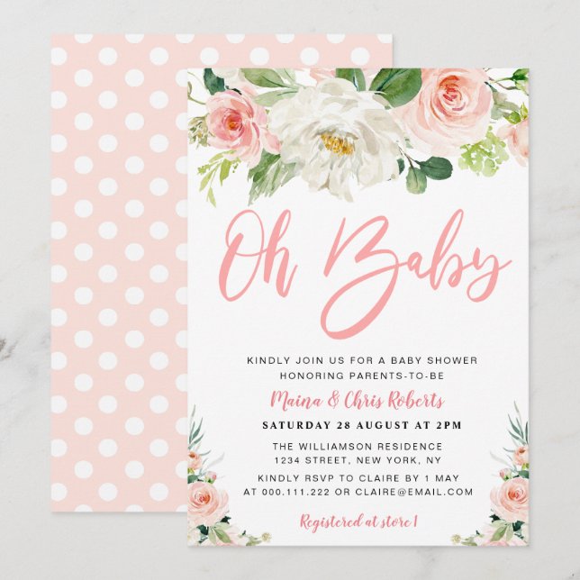  rosa blåser blommigt Par Babydusch Inbjudningar (Fram/baksida)