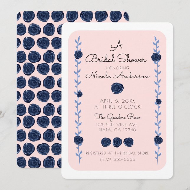 Rosa Blått Akvarell Roser Country Bröllopsdusch Inbjudningar (Fram/baksida)