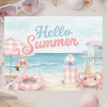 Rosa Blått Gingham Hej Sommar Strand Kustnära