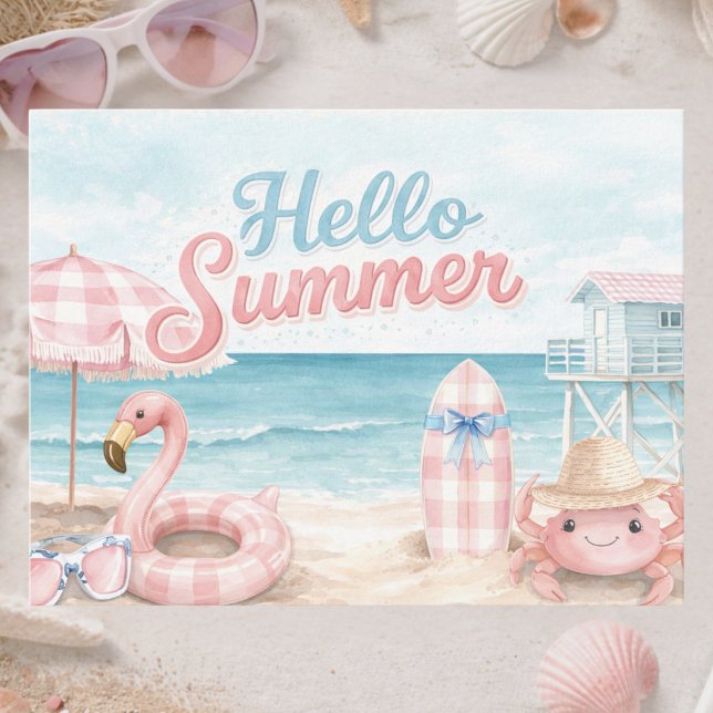 Rosa Blått Gingham Hej Sommar Strand Kustnära Vykort (Skapare uppladdad)