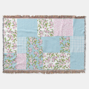 Rosa, blått, Grönt Apple Blommar Faux Patchwork Mysfilt