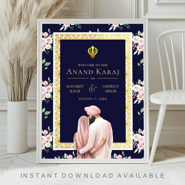 Rosa Blått Guld Anand Karaj Bröllops Välkomstskylt Poster (Skapare uppladdad)