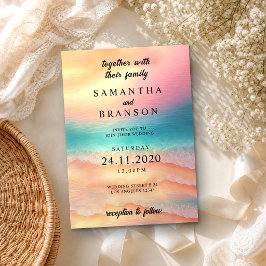 Rosa Blått Hav Modern Ocean Strand Sand Akvarell Inbjudningar