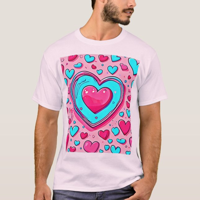 Rosa Blått Hjärtmönster T Shirt (Framsida)