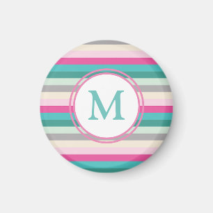 Rosa Blått Och Grönt Monogram Magnet