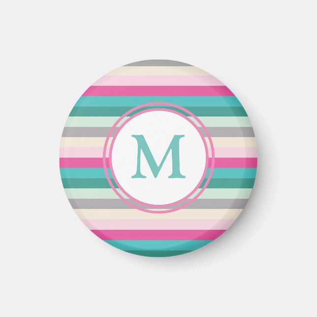 Rosa Blått Och Grönt Monogram Magnet (Framsidan)