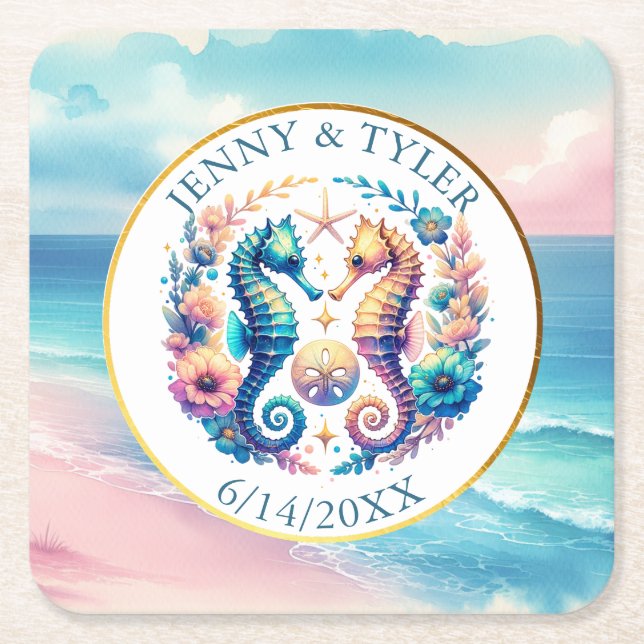 Rosa, Blått och Guld Kustsjöfågel Beachy Underlägg Papper Kvadrat (Framsidan)