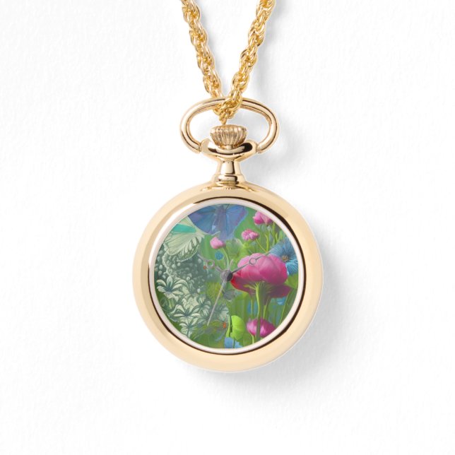 Rosa, blått och vitt blommigt armbandsur (Framsida)