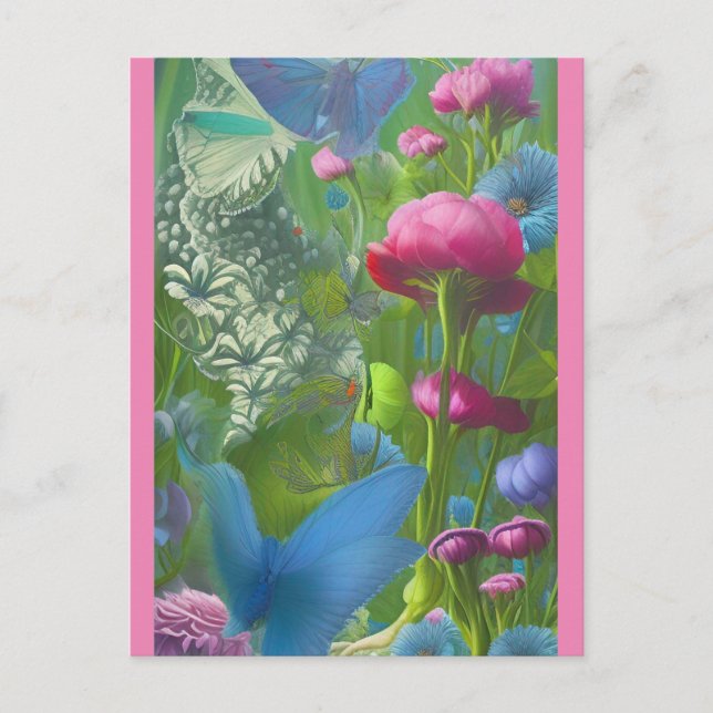Rosa, blått och vitt Blommigt Vykort (Framsida)