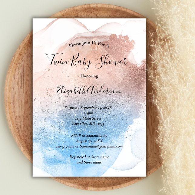 Rosa Blått Stänk Bebis Pojke Flickor Tvillingar Be Inbjudningar (Pink Blue Twin Baby Shower Invitation)