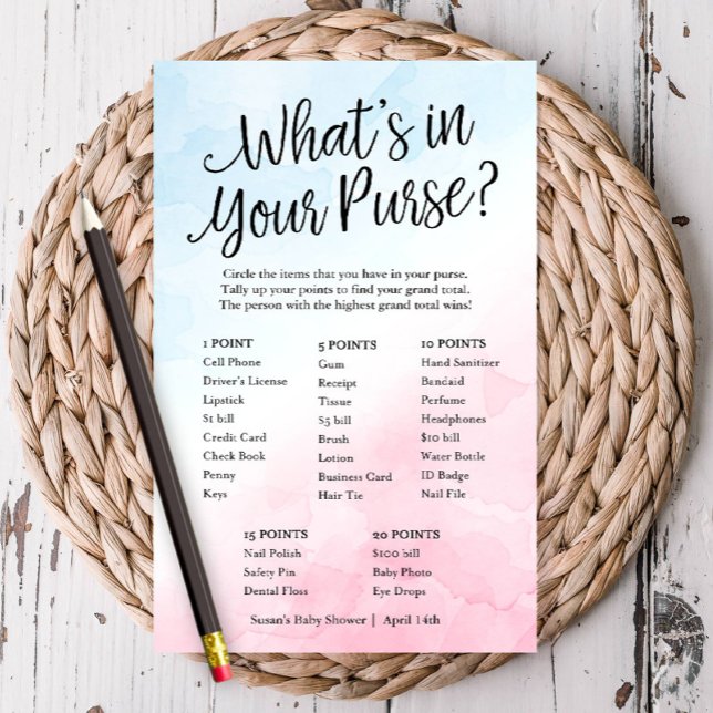 Rosa/blått vad som finns i ditt köp, Pappert spelk Flygblad (Have some fun at your shower with this fun game featuring a scavenger hunt in your guests' purse!)