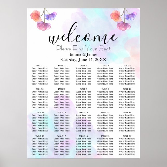 Rosa Blått Vattenfärg Bröllopsställningsschema Poster (Framsidan)