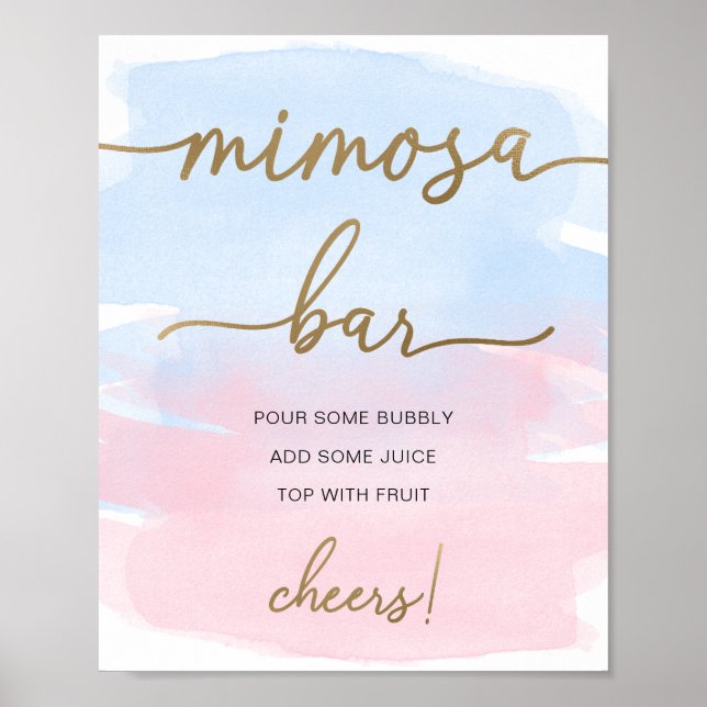 Rosa Blått Vattenfärg Guld Mimosa Barskylt Poster (Framsidan)