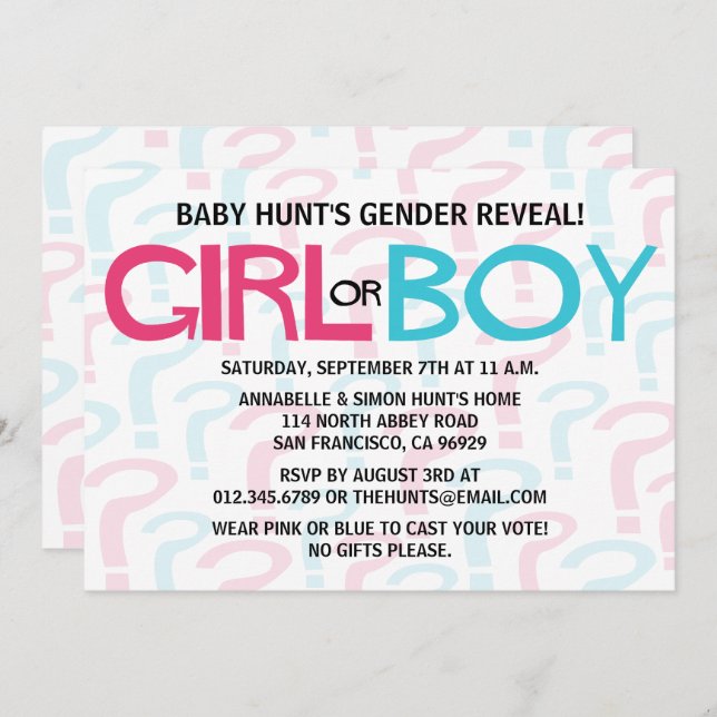 Rosa- & blåtttypografigender avslöjer partyet inbjudningar (Fram/baksida)