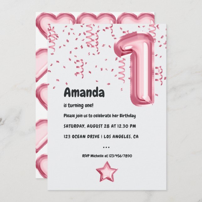 Rosa Blegon 1:a Julafton-födelsedagsinbjudan Inbjudningar (Fram/baksida)