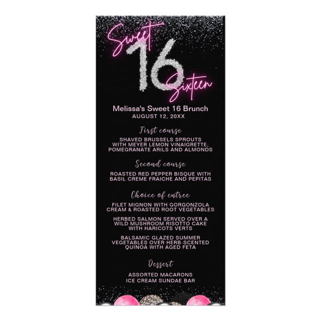  Rosa Blegon Diamonds Sweet 16 Sexton Menu Reklamkort (Framsidan)