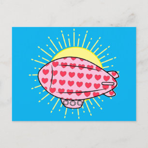 Rosa Blimp Balloon Red Heart Mönster Anpassningsba Vykort