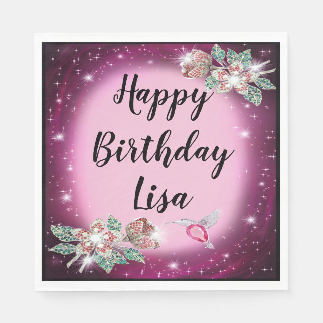 Rosa Bling Blommigt Birthday Pappersservett (Framsidan)