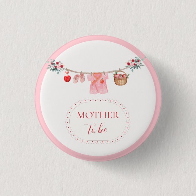 Rosa blivande mamma äppelklädstreck baby shower  knapp (Framsida)