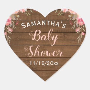 Rosa blom- baby showerfavör för lantligt land hjärtformat klistermärke