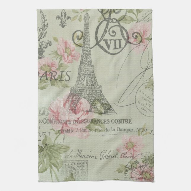 rosa blom- botaniskt paris eiffel för mint torn kökshandduk (Vertikal)