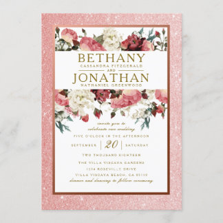 Rosa blom- bröllopinbjudan för guld och Burgundy Inbjudningar