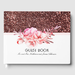 Rosa blom- bukettbröllop för rosa guld- glitter gästböcker