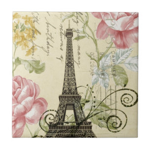 rosa blom- eiffel för sjaskig elegansgult torn kakelplatta
