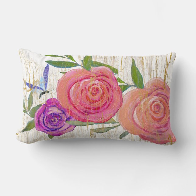 Rosa blom- fjäril Boho för bohemisk modern vintage Lumbarkudde (Framsida)