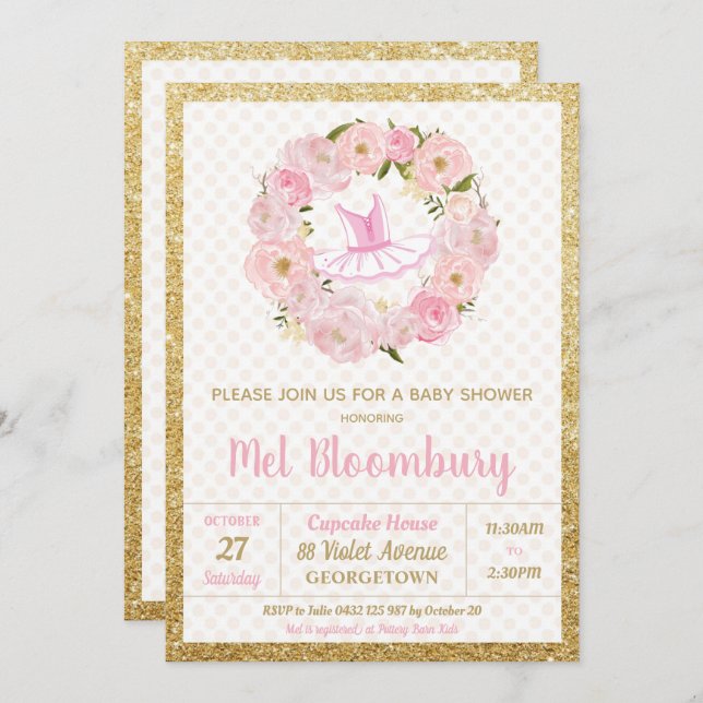 Rosa blom- flicka för Ballerinababy showerinbjudan Inbjudningar (Fram/baksida)