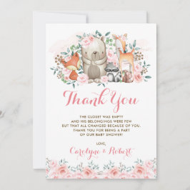 Rosa blom- födelsedag för skogsmarkdjurbaby shower tack kort