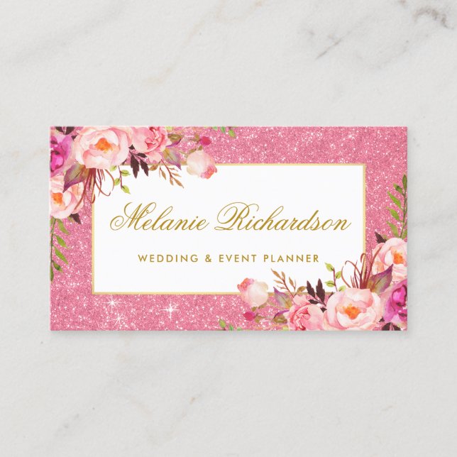 Rosa blom- glitter för elegant vattenfärg visitkort (Framsida)