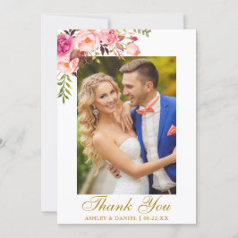 Rosa blom- guld för bröllopfotovattenfärg tack kort