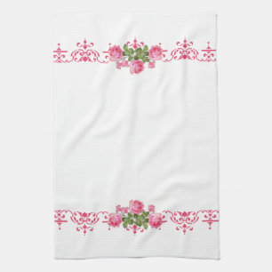 Rosa blom- kökshandduk för shabby chic