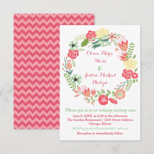 Rosa blom- kran - inbjudan för bröllop 3x5 (Fram/baksida)