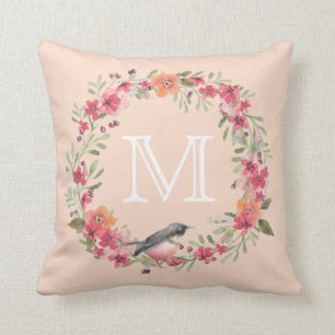 Rosa blom- Monogram för romantisk Oleanderfågel Kudde