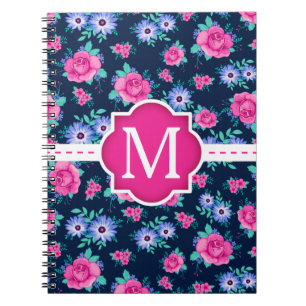 Rosa blom- Monogram för romönsteranpassningsbar Anteckningsbok Med Spiral