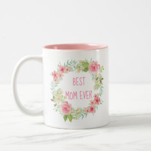 Rosa blom- mugg "för bäst mamma någonsin"