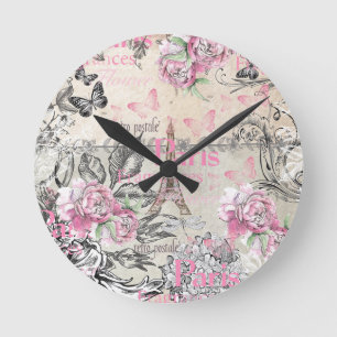 Rosa blom- Paris Eiffel för vintagetyposvart torn Rund Klocka
