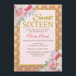 Rosa blom- sweet sixteenfödelsedag för guld-<br><div class="desc">En elegant kvinnlig blom- design av vattenfärgro i mjukt skuggar av rosor med en guld- glitterram på en rosa,  och guld omkullkastar snäckamönsterbakgrund. Du kan vidare skräddarsy detta kort,  genom att klicka ",  skräddarsy den" knäppas.</div>